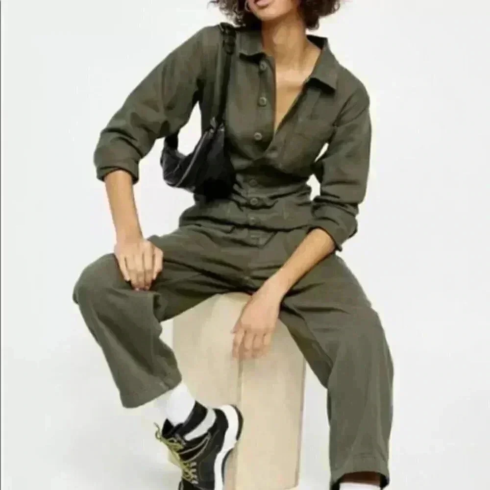 Free People Jumpsuit Utility Gia Coverall Slouchy Olive Distressed Patch Pockets